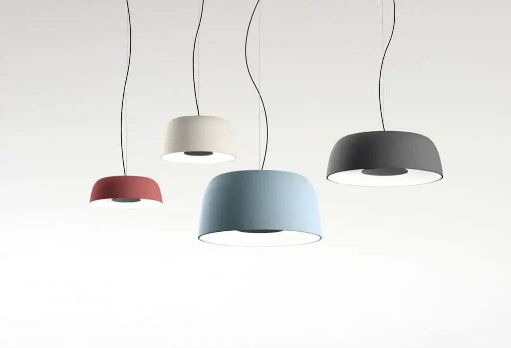 Marset Djembé pendant, three fixtures in red, blue and grey