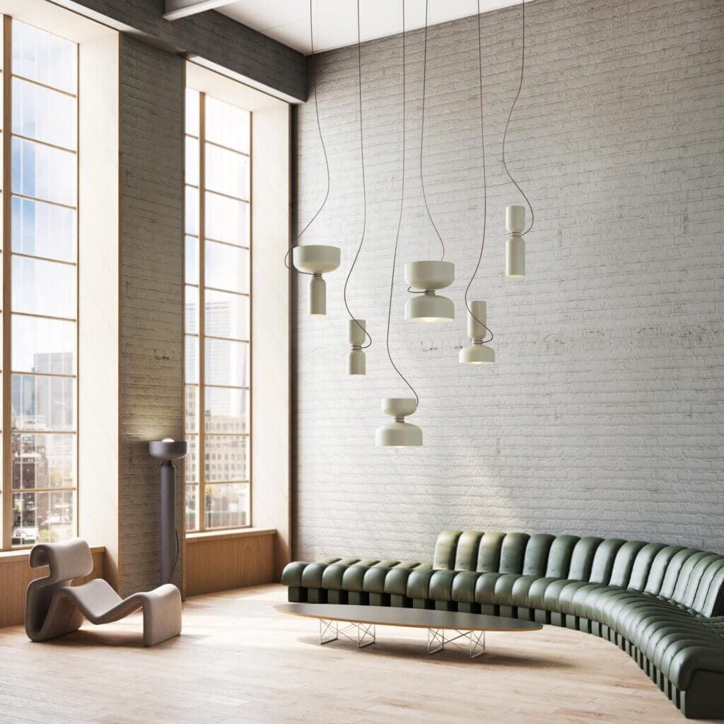 A-N-D Light Spotlight Volumes pendant, cluster of irregular block shades in a loft