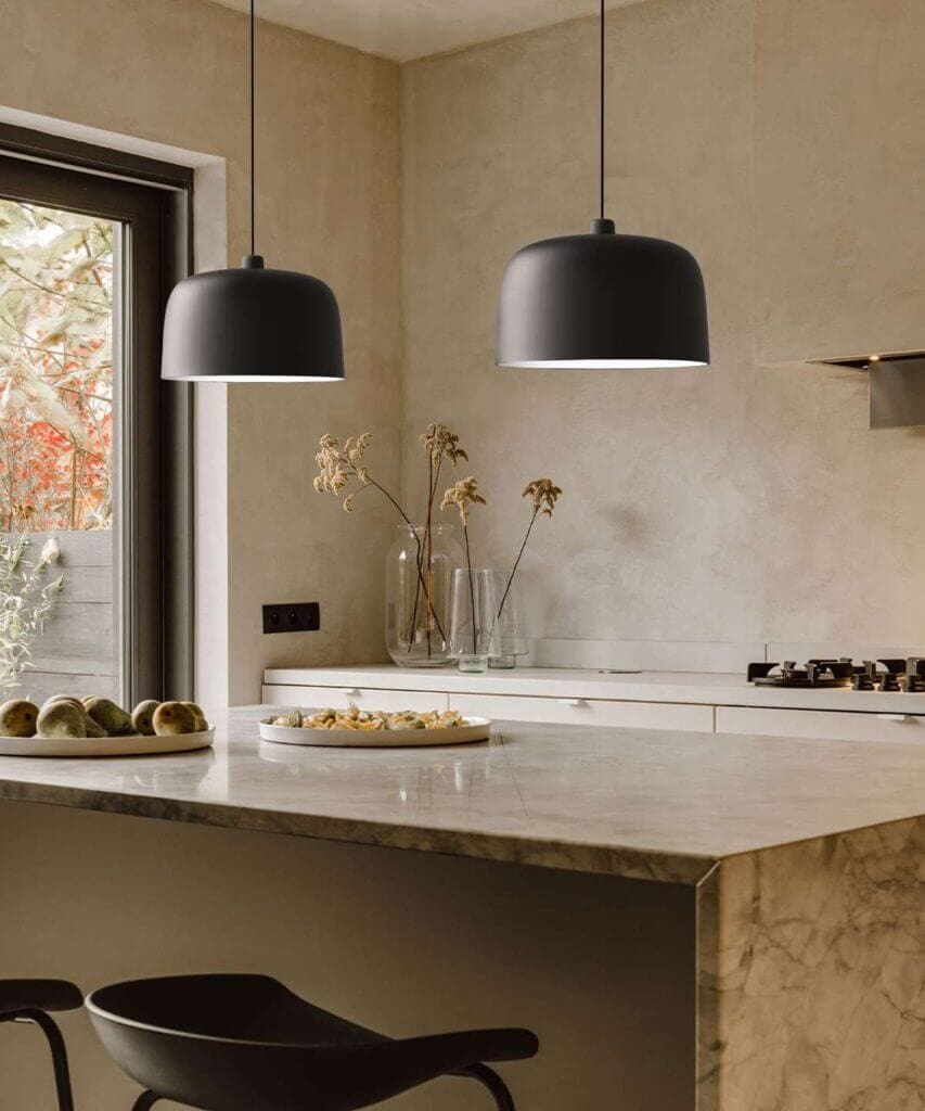 Luceplan Zile pendant in black, two fixtures above a kitchen island