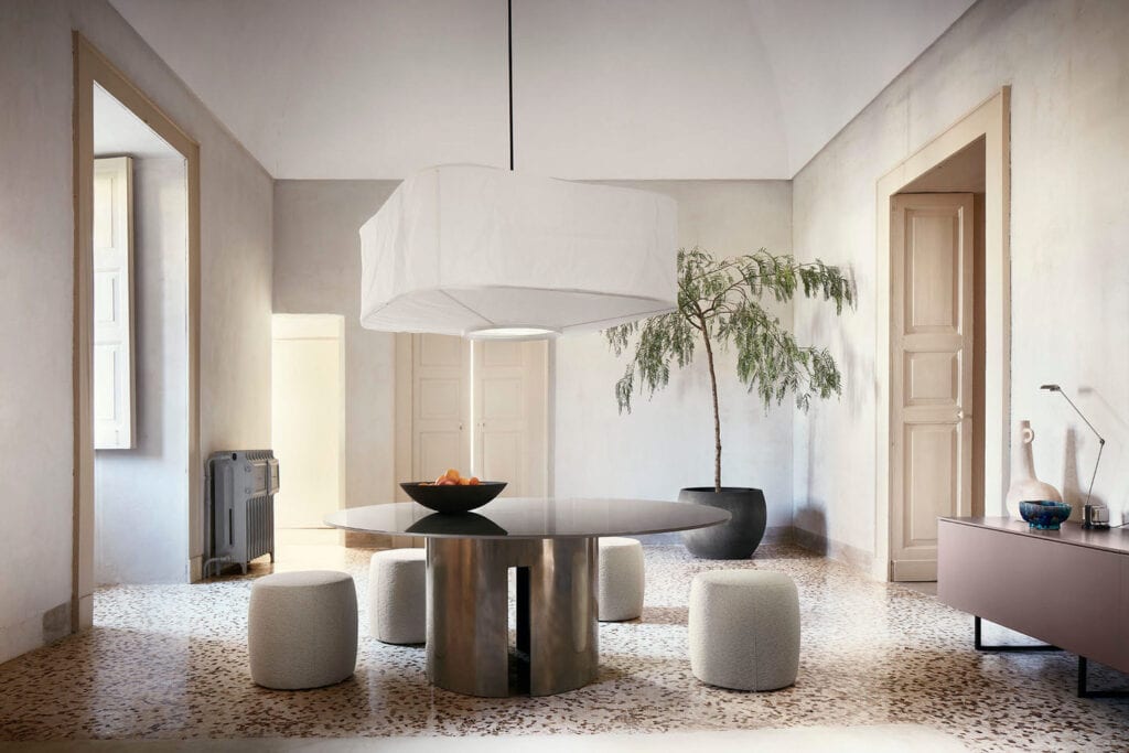 RBW AllSew pendant in white, above a dining table near a window