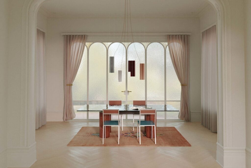 Lambert et Fils Silo wall light, vertical tube sconces in a dining room with arched windows