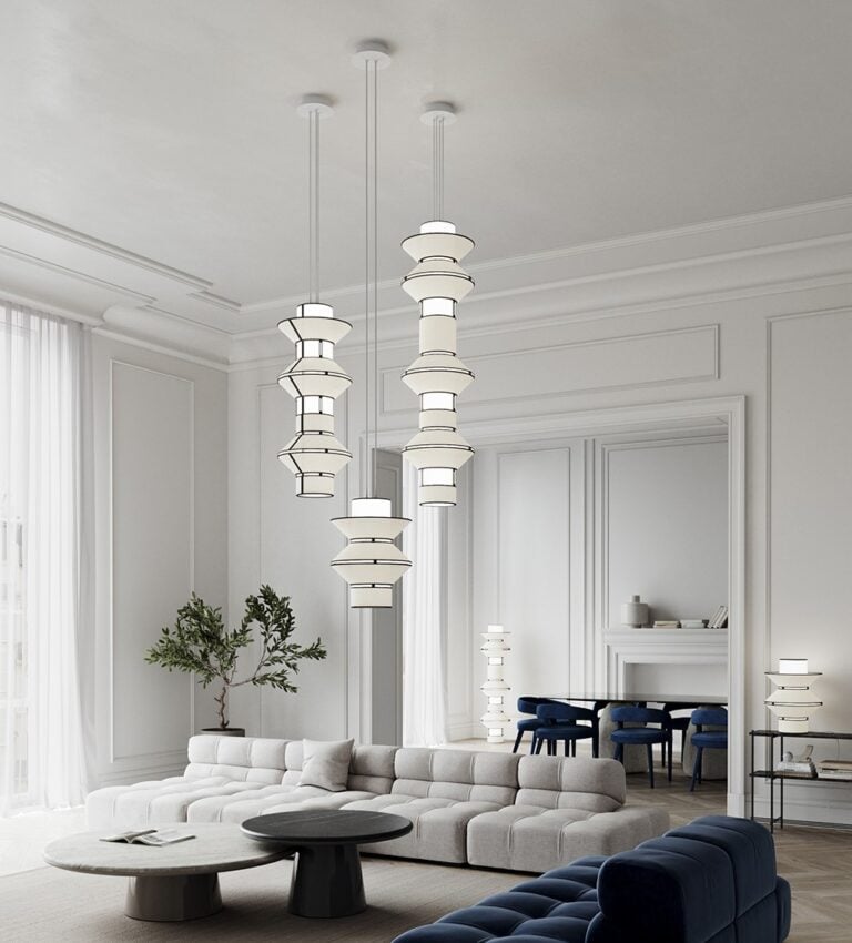 Designheure Tower pendant, multiple stacked fixtures above a living room seating area