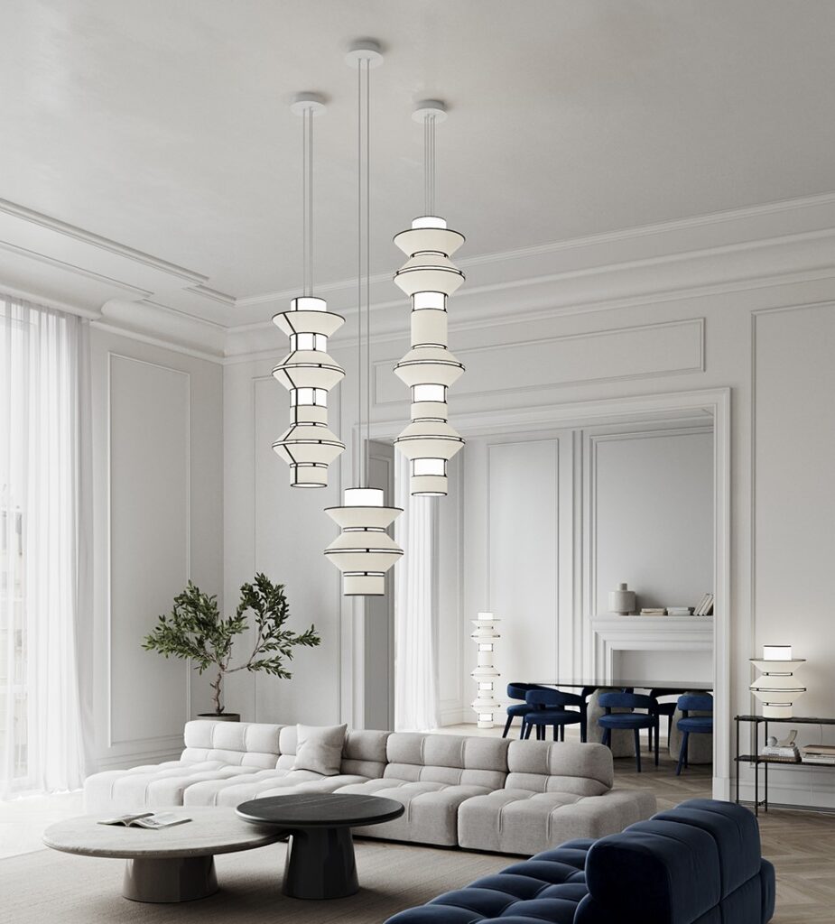 Designheure Tower pendant, multiple stacked fixtures above a living room seating area