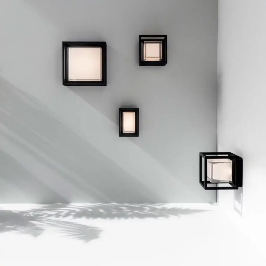 Delta Light Montur wall lights, group of square fixtures in different sizes, unlit