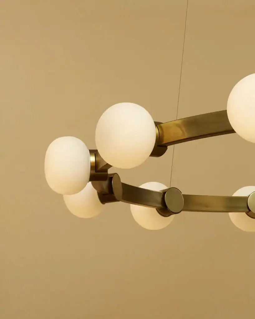 RBW Cinema pendant, close-up detail of brass ring and globes