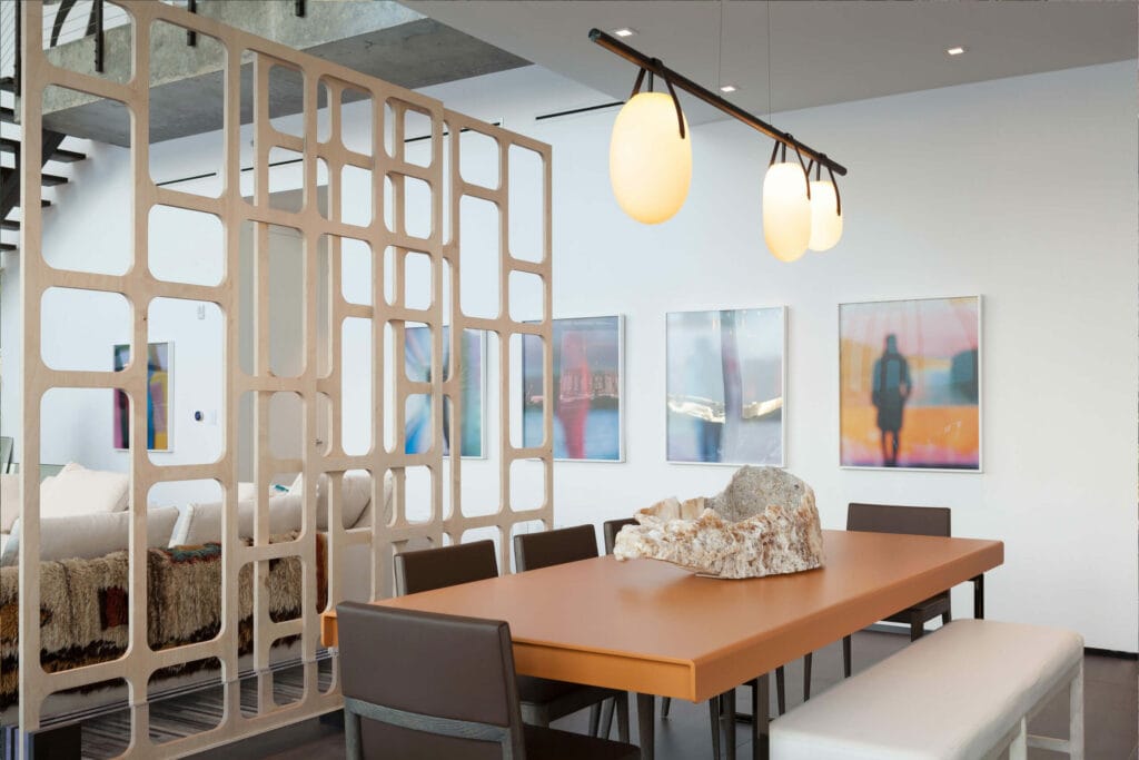 RBW Gala pendant, multi-drop fixture above a dining area near a screen divider