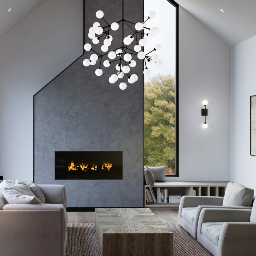 Visual Comfort & Co. Mara pendant in black, above a living room near a fireplace