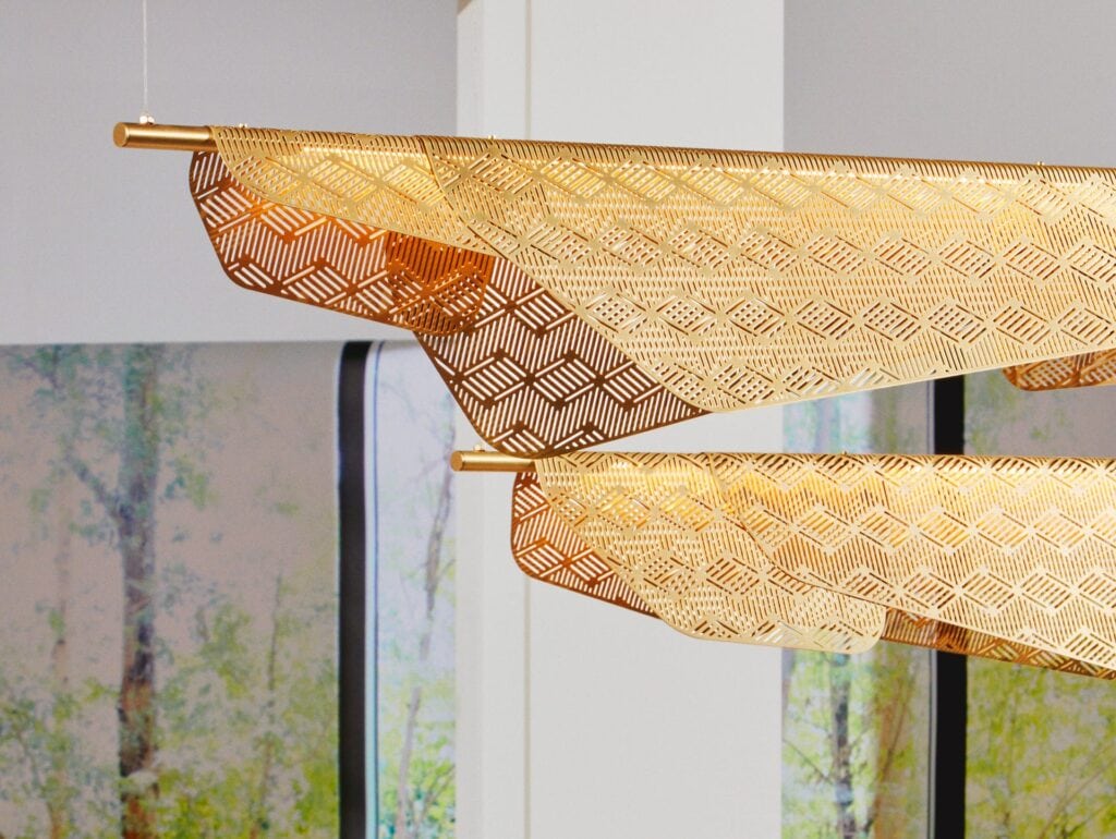 Petite Friture Mediterranea pendant, two lace-textured wing shades, close-up