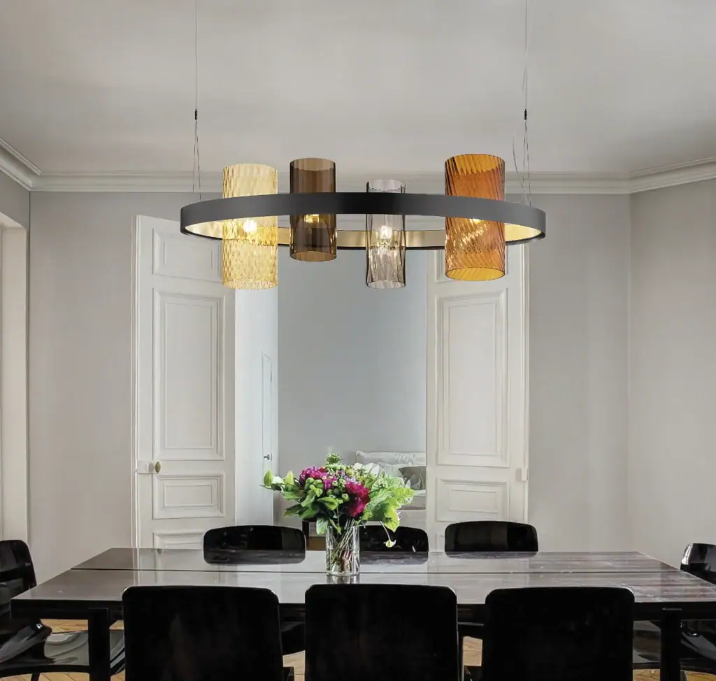 Vistosi Armonia pendant, ring fixture with multicoloured glass cylinders above a long dining table