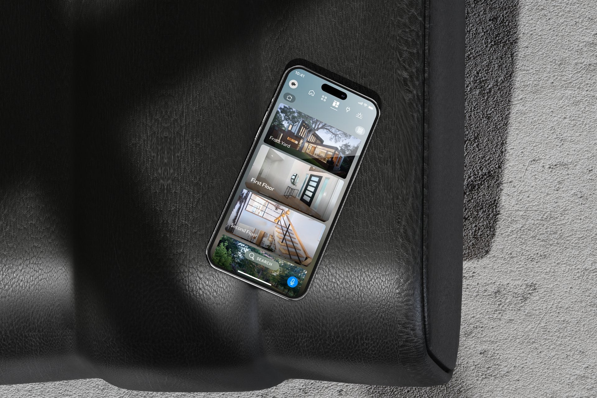 Josh.ai home dashboard with room scenes on an iPhone