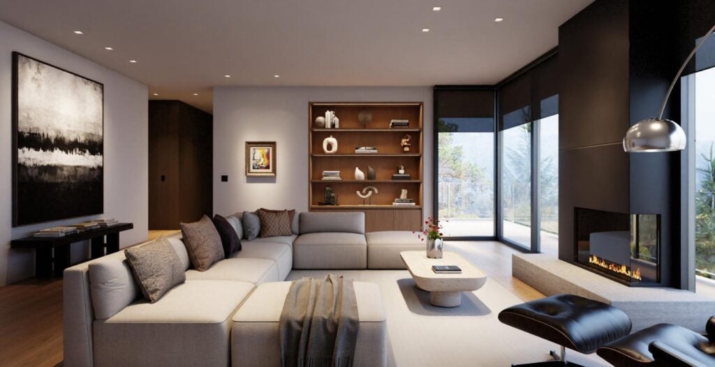 Modern living room with a corner fireplace and floor-to-ceiling glass, lit by Lutron HomeWorks
