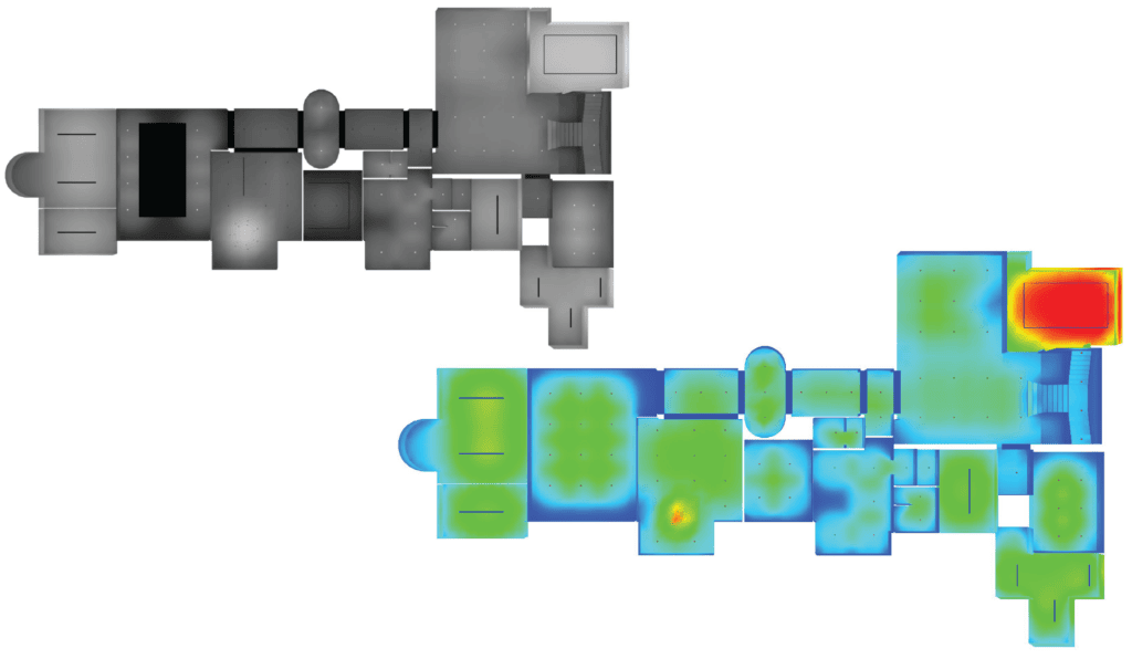 An example of a photometric analysis that shows lighting levels in a residential floor plan.