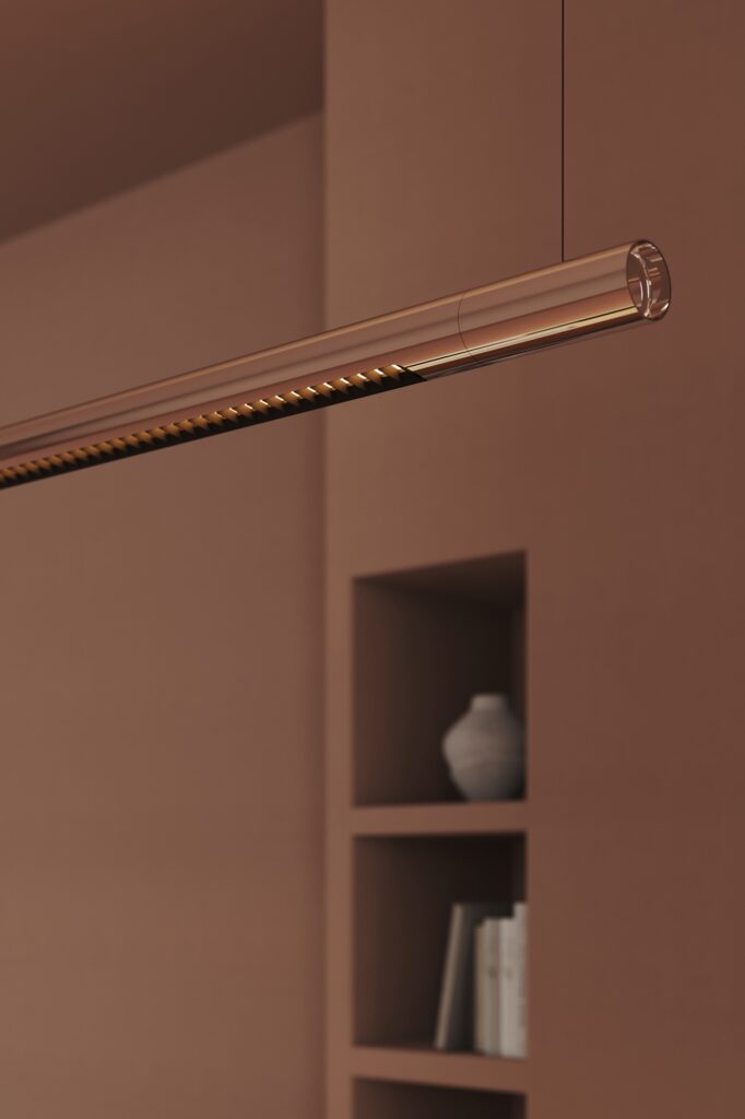 Modular Straw linear pendant beside shelving