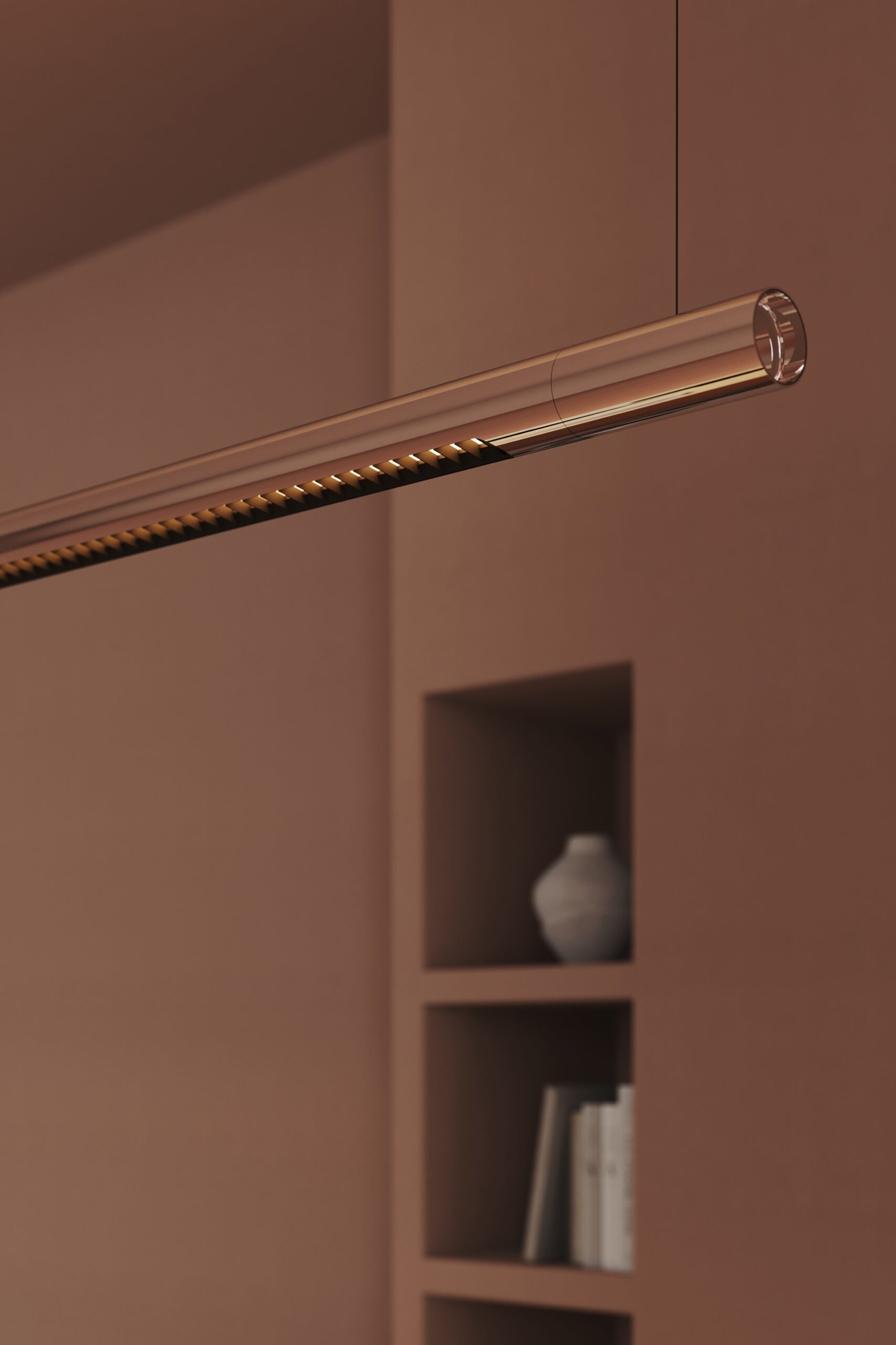Modular Straw linear pendant beside shelving