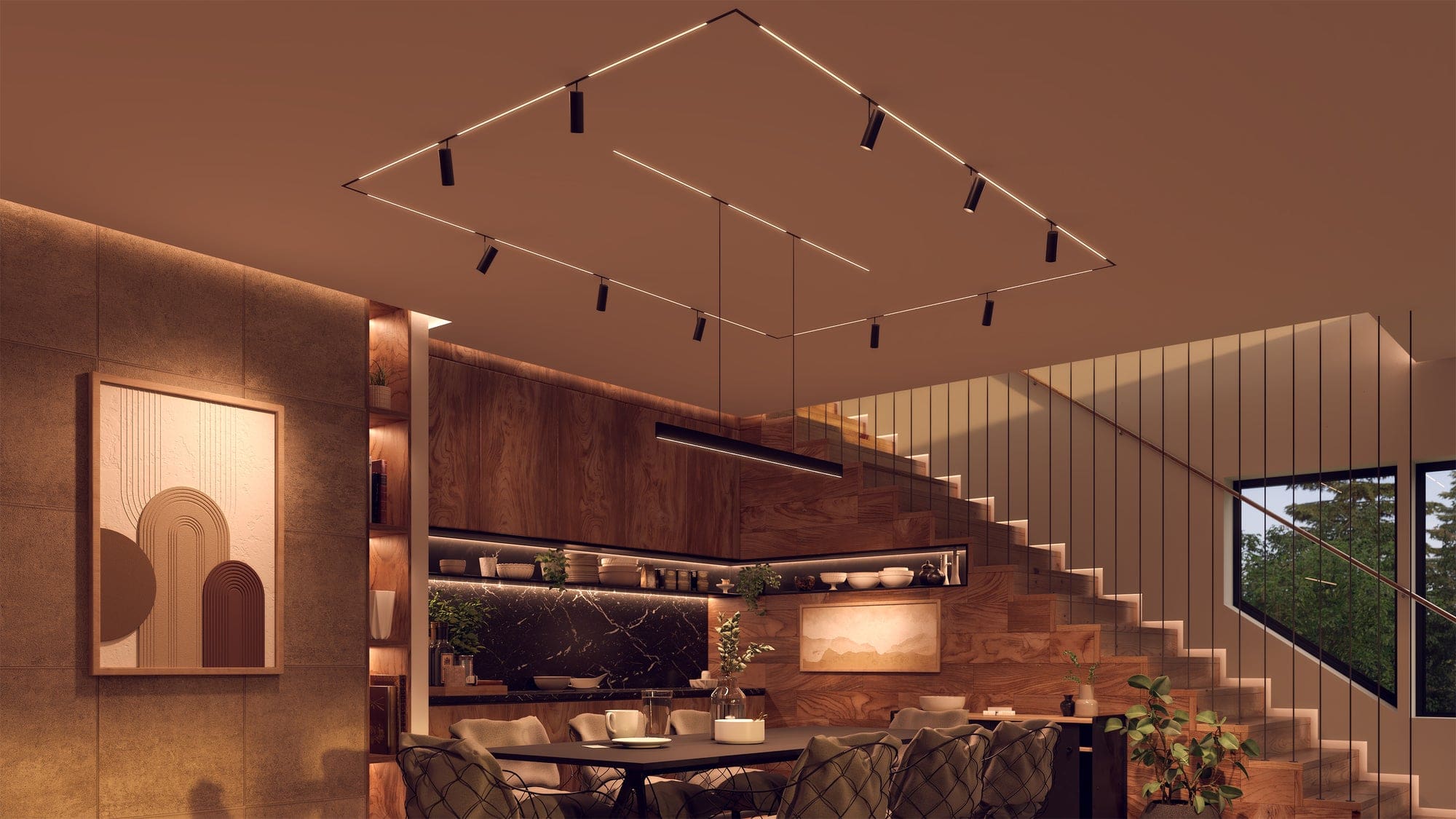 PureEdge MicroTrack in black, two nested rectangles in the ceiling with small heads and a linear pendant over a dining table beside a stair