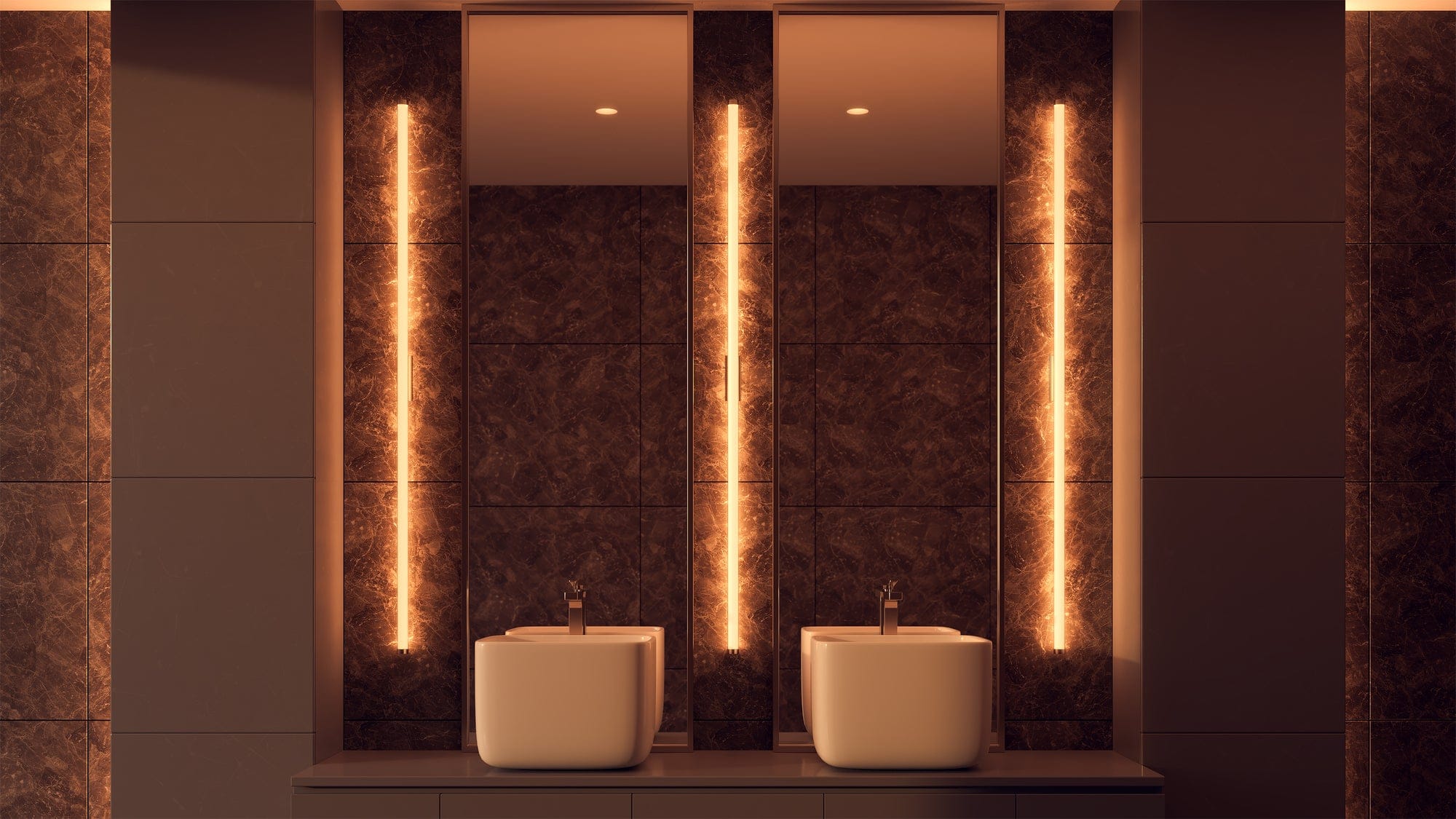 PureEdge Solina 360 vanity lights, three vertical bars flanking two mirrors