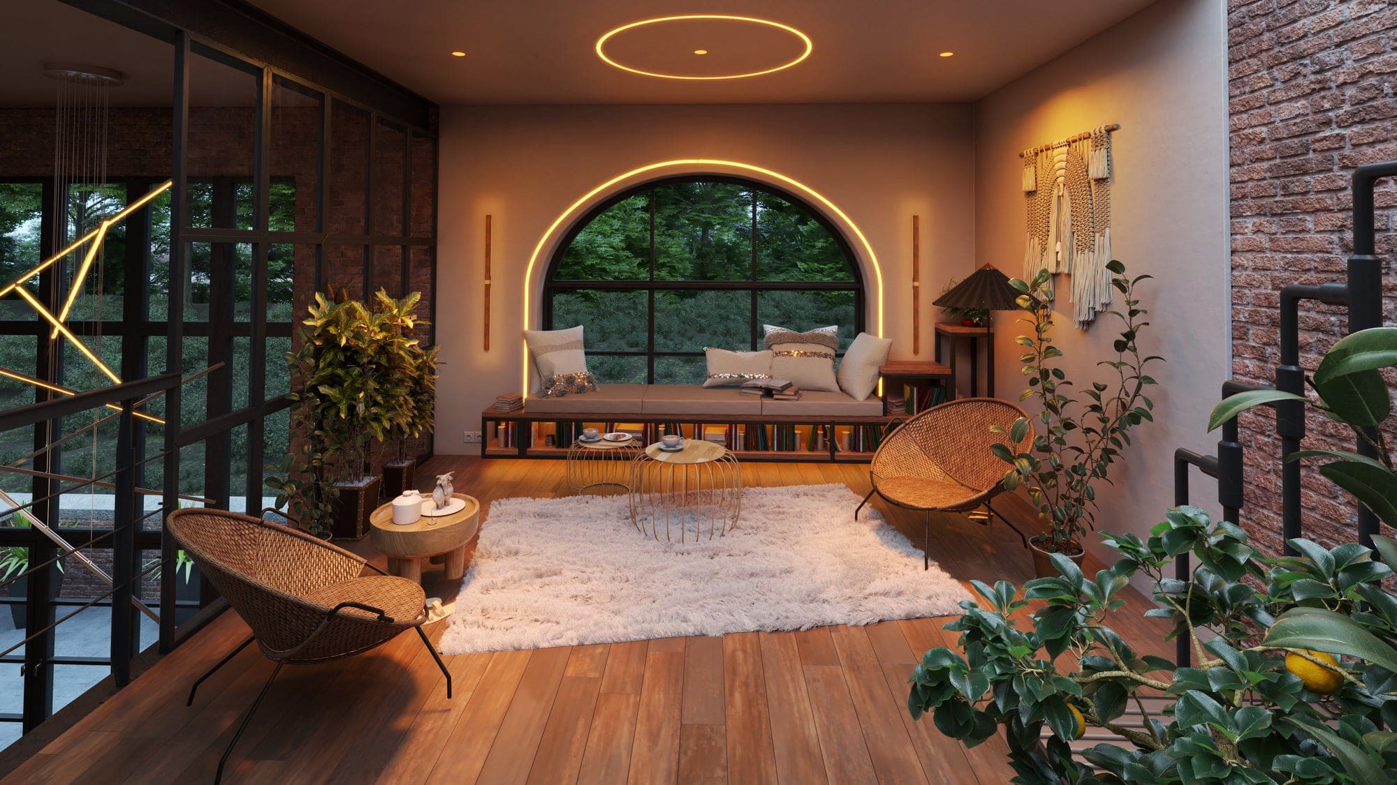 PureEdge TruCirque ring of light in a loft ceiling, with a TruCurve arch of light set into the wall around an arched window